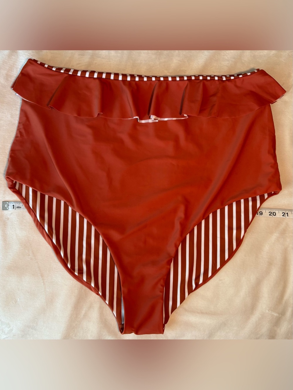 High-Waist Ruffle Bikini Bottom in Rust Red reservable stripe - Women Swim